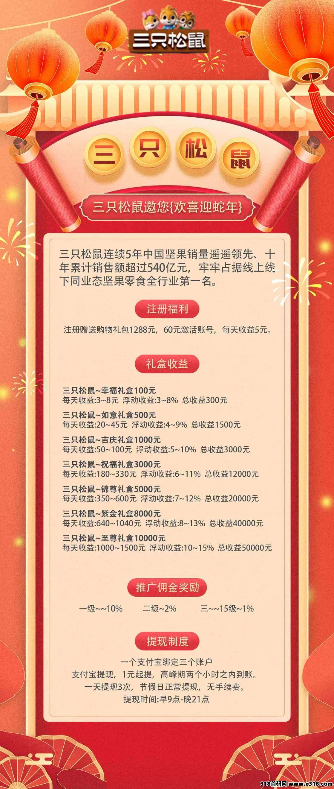 【三只松鼠】预热后天上线，可零投资提现，实体项目稳定靠谱